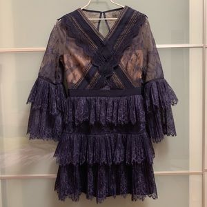 Self Portrait Ruffled Tiered Dark Blue Lace Dress